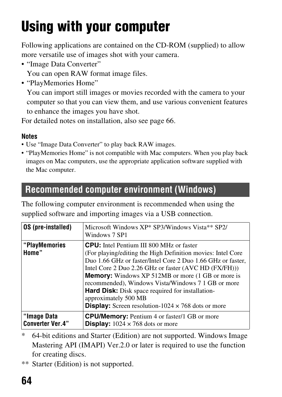 Viewing images on a computer, Using with your computer, Recommended computer environment (windows) | Sony SLT-A37 User Manual | Page 64 / 209