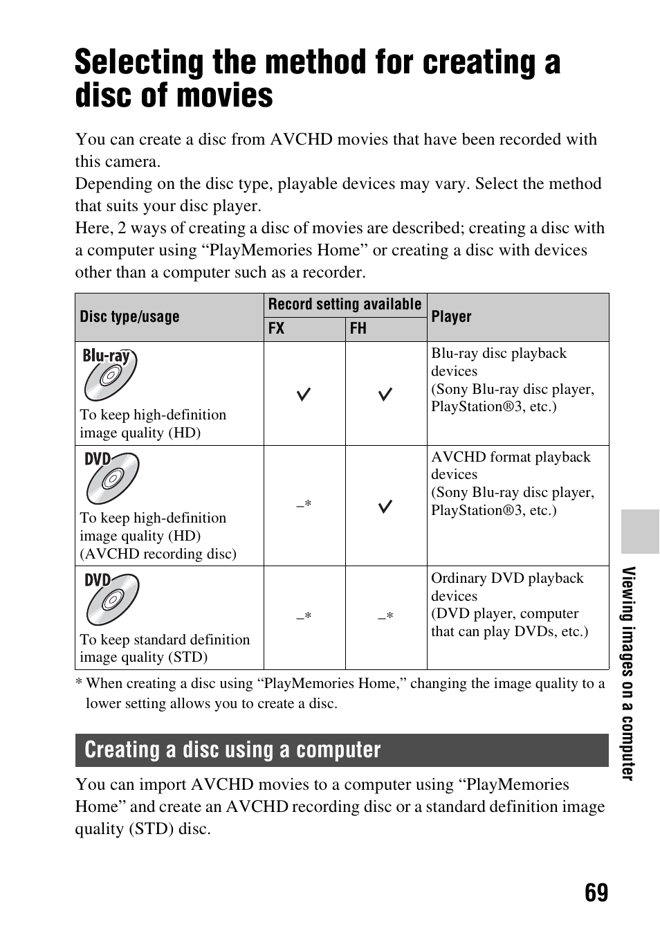 Selecting the method for creating a disc of movies, Creating a disc using a computer | Sony SLT-A37 User Manual | Page 69 / 209