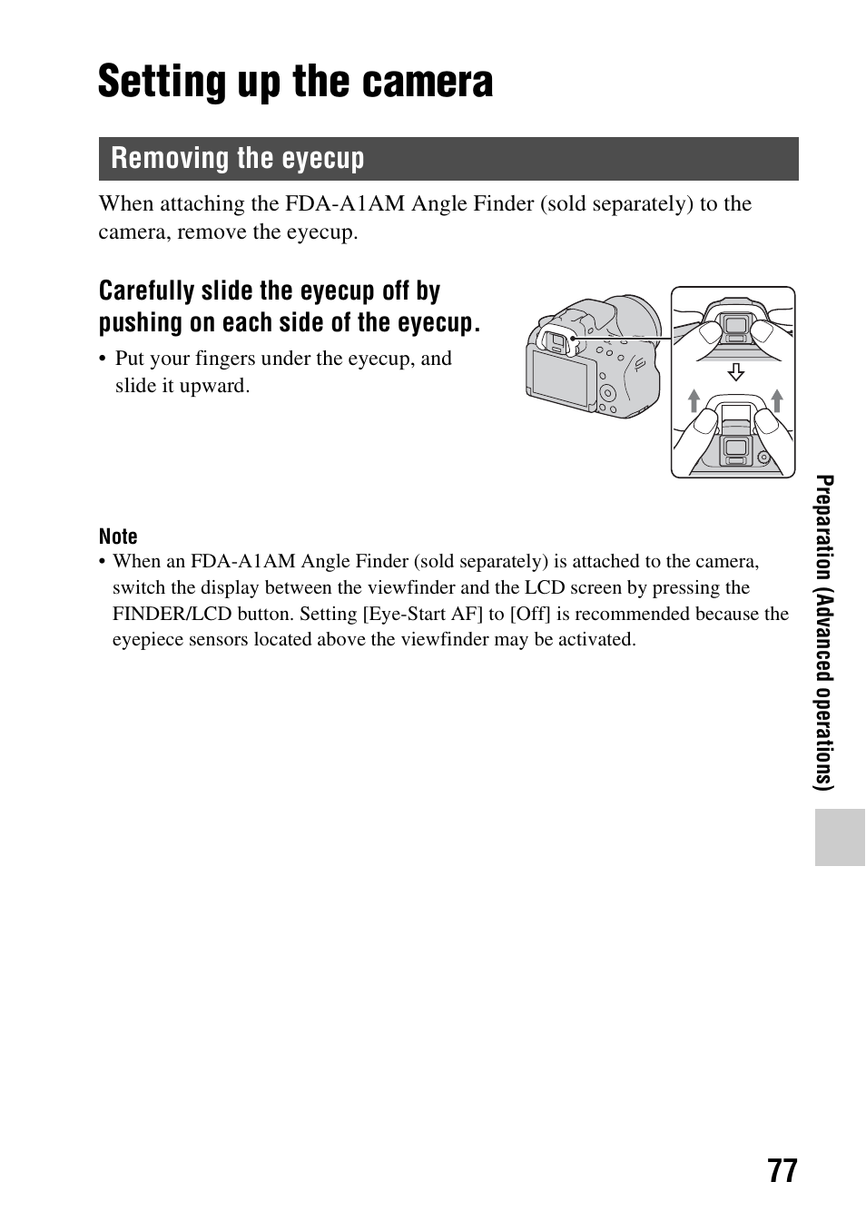 Preparation, Setting up the camera, Removing the eyecup | Sony SLT-A37 User Manual | Page 77 / 209