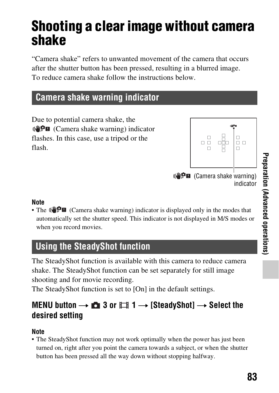 Shooting a clear image without camera shake, Camera shake warning indicator, Using the steadyshot function | Adyshot (83) | Sony SLT-A37 User Manual | Page 83 / 209