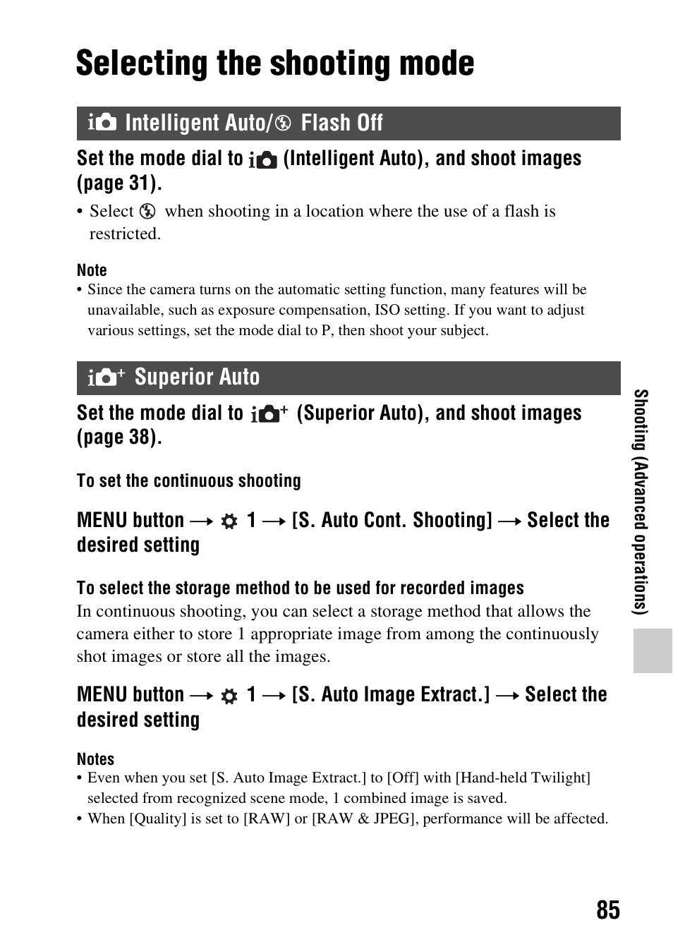 Shooting, Selecting the shooting mode, Intelligent auto/ flash off | Superior auto, Ng (85), Shooting (advanced operations), Intelligent auto/ flash off superior auto | Sony SLT-A37 User Manual | Page 85 / 209