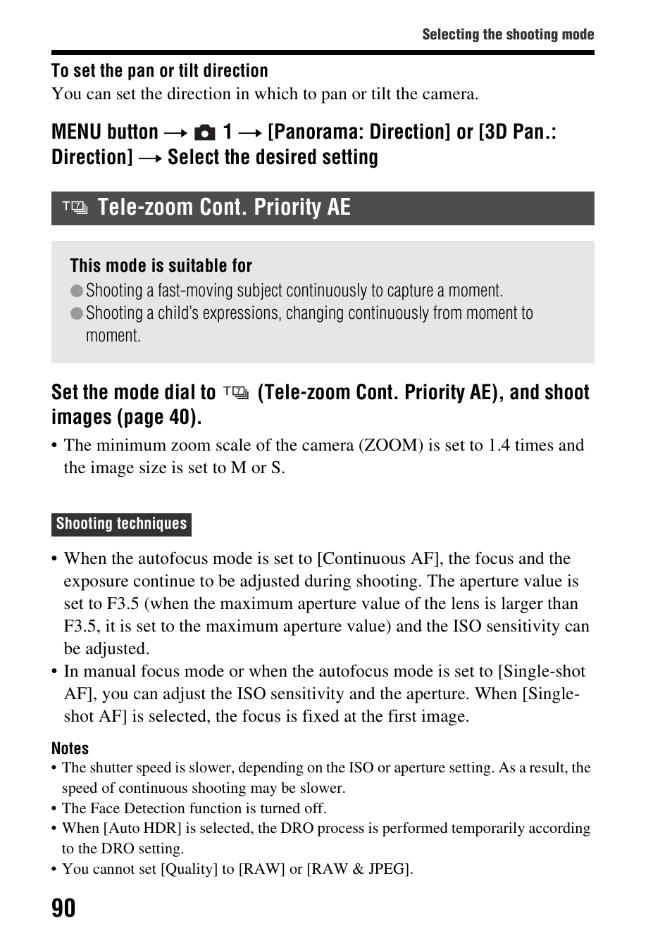 Tele-zoom cont. priority ae | Sony SLT-A37 User Manual | Page 90 / 209