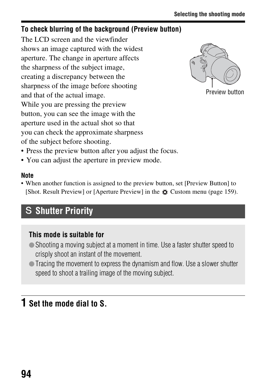 Shutter priority, N (94, N (94) | Set the mode dial to s | Sony SLT-A37 User Manual | Page 94 / 209