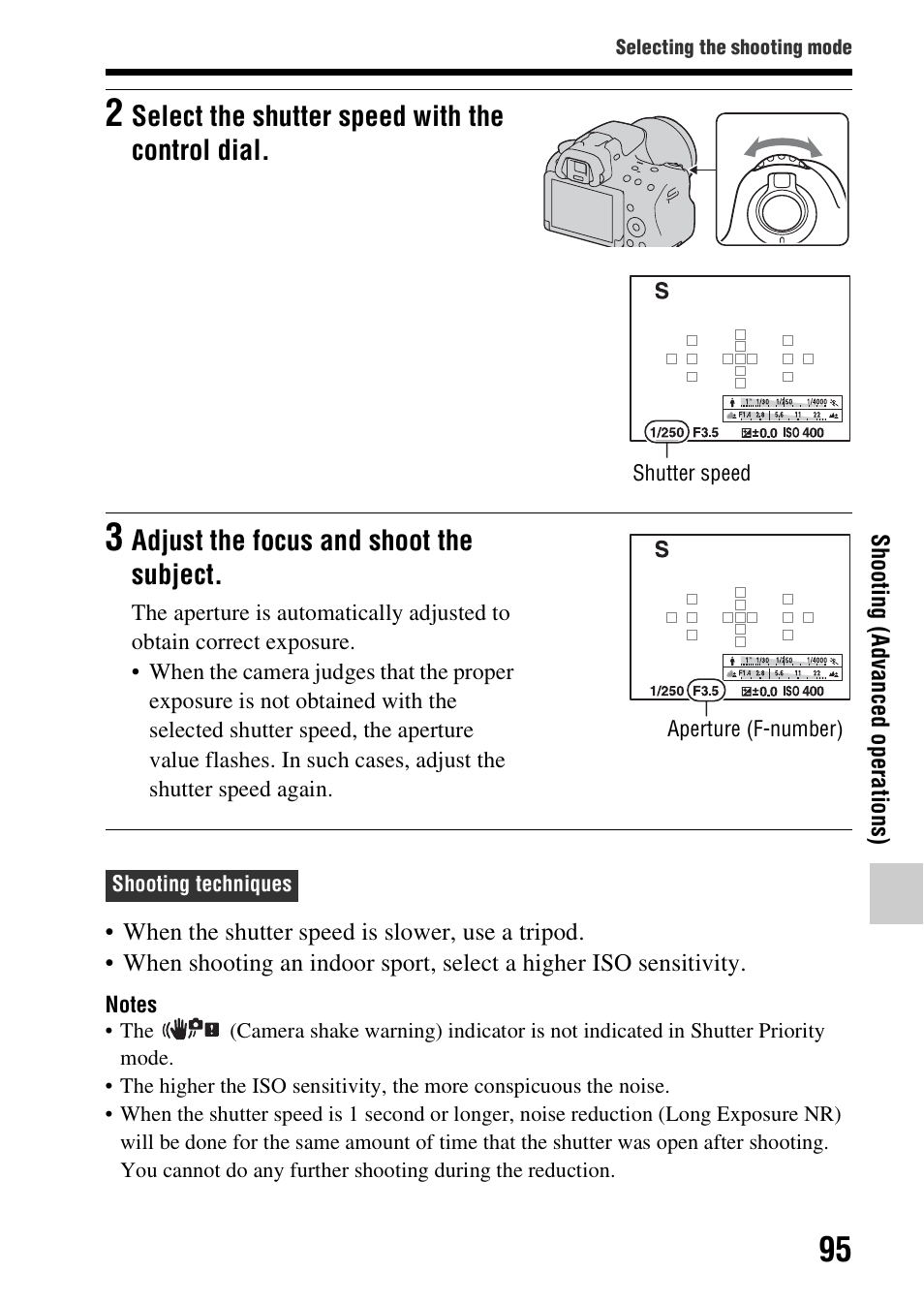 Select the shutter speed with the control dial, Adjust the focus and shoot the subject | Sony SLT-A37 User Manual | Page 95 / 209