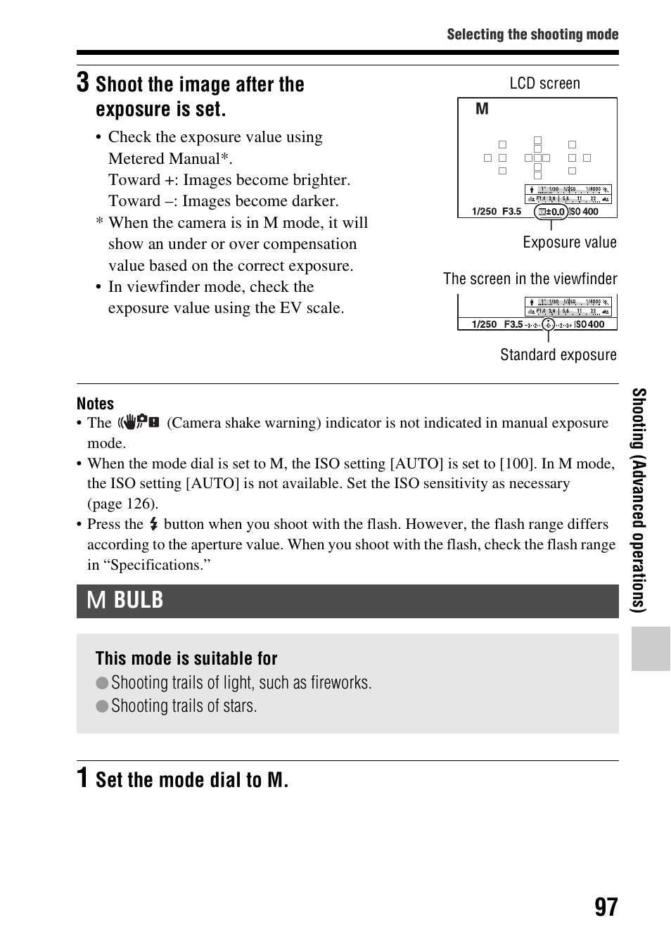 Bulb, Shoot the image after the exposure is set, Set the mode dial to m | Sony SLT-A37 User Manual | Page 97 / 209