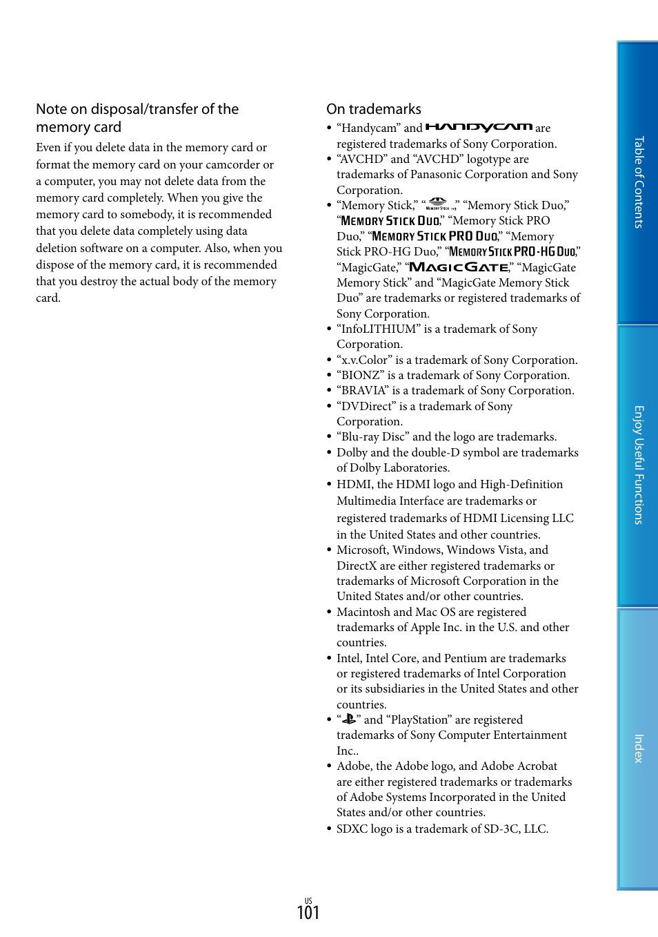 On trademarks | Sony HDR-CX130 User Manual | Page 101 / 108