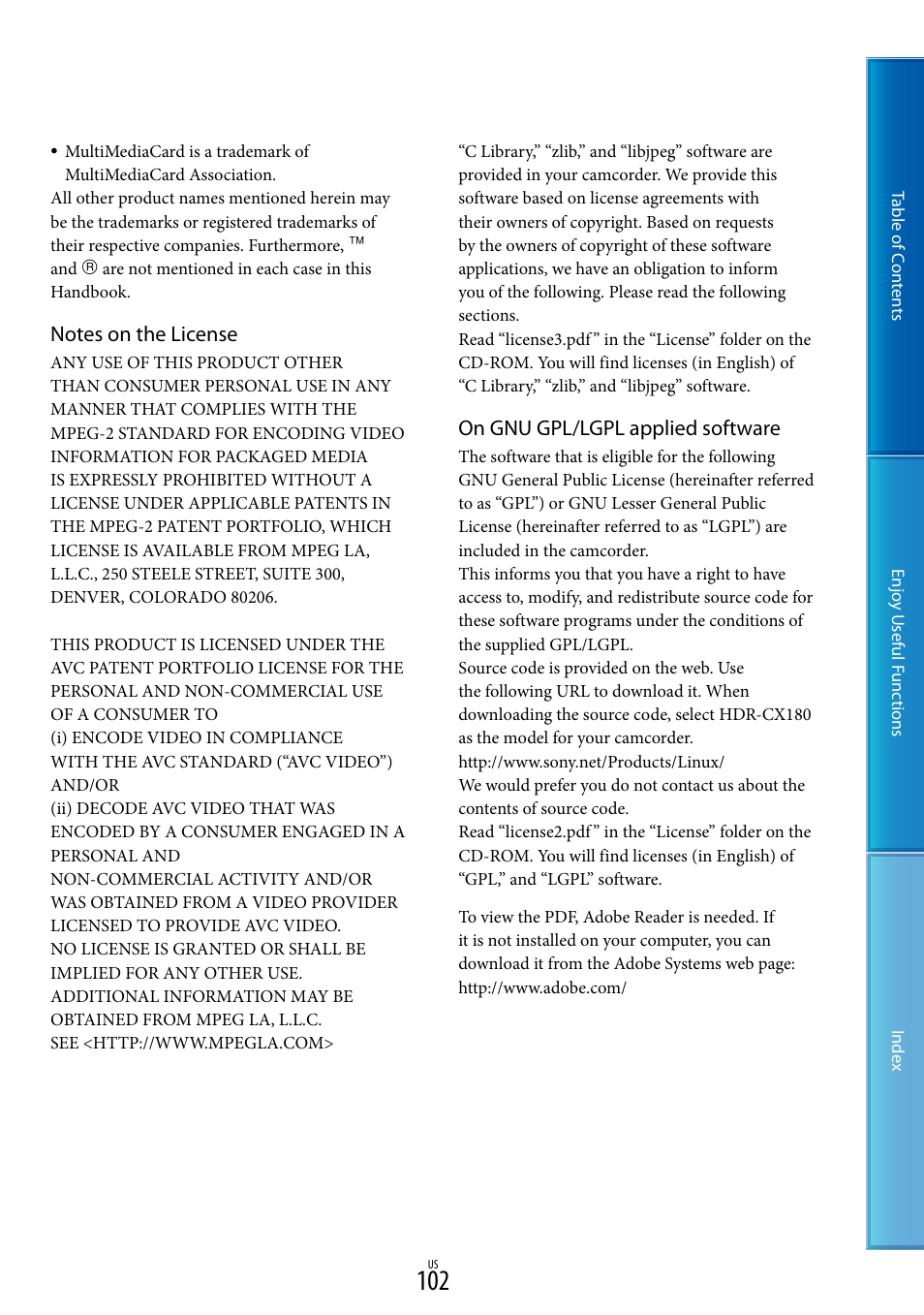 On gnu gpl/lgpl applied software | Sony HDR-CX130 User Manual | Page 102 / 108
