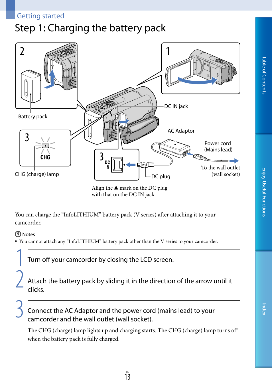 Getting started, Step 1: charging the battery pack | Sony HDR-CX130 User Manual | Page 13 / 108