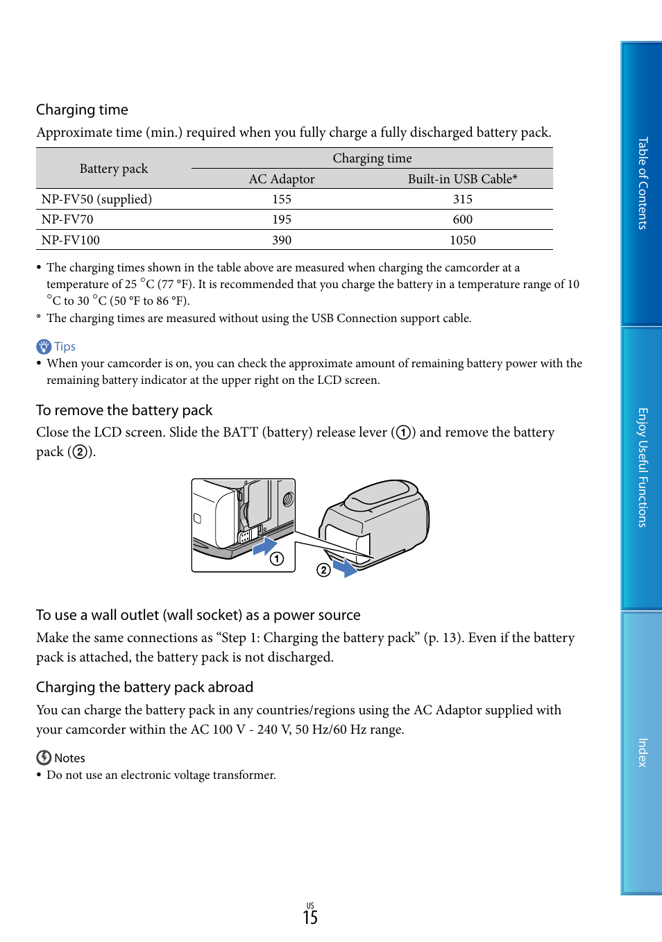 Charging time, Charging the battery pack abroad | Sony HDR-CX130 User Manual | Page 15 / 108