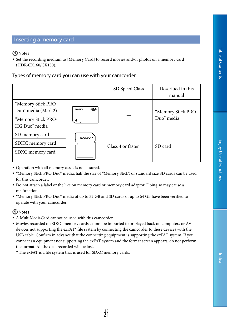 Inserting a memory card | Sony HDR-CX130 User Manual | Page 21 / 108