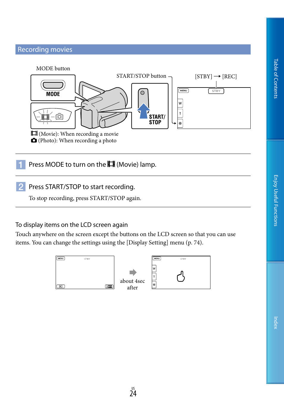 Recording movies | Sony HDR-CX130 User Manual | Page 24 / 108