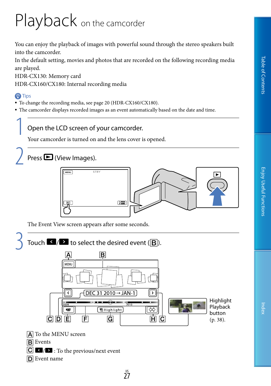 Playback on the camcorder, Playback, On.the.camcorder | Sony HDR-CX130 User Manual | Page 27 / 108