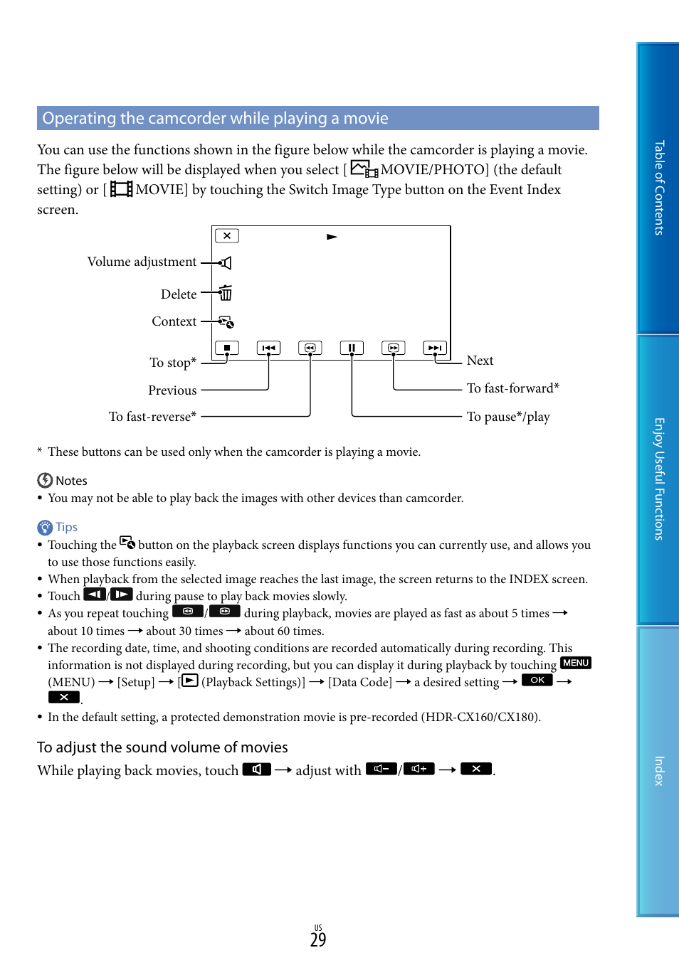 Operating the camcorder while playing a movie | Sony HDR-CX130 User Manual | Page 29 / 108