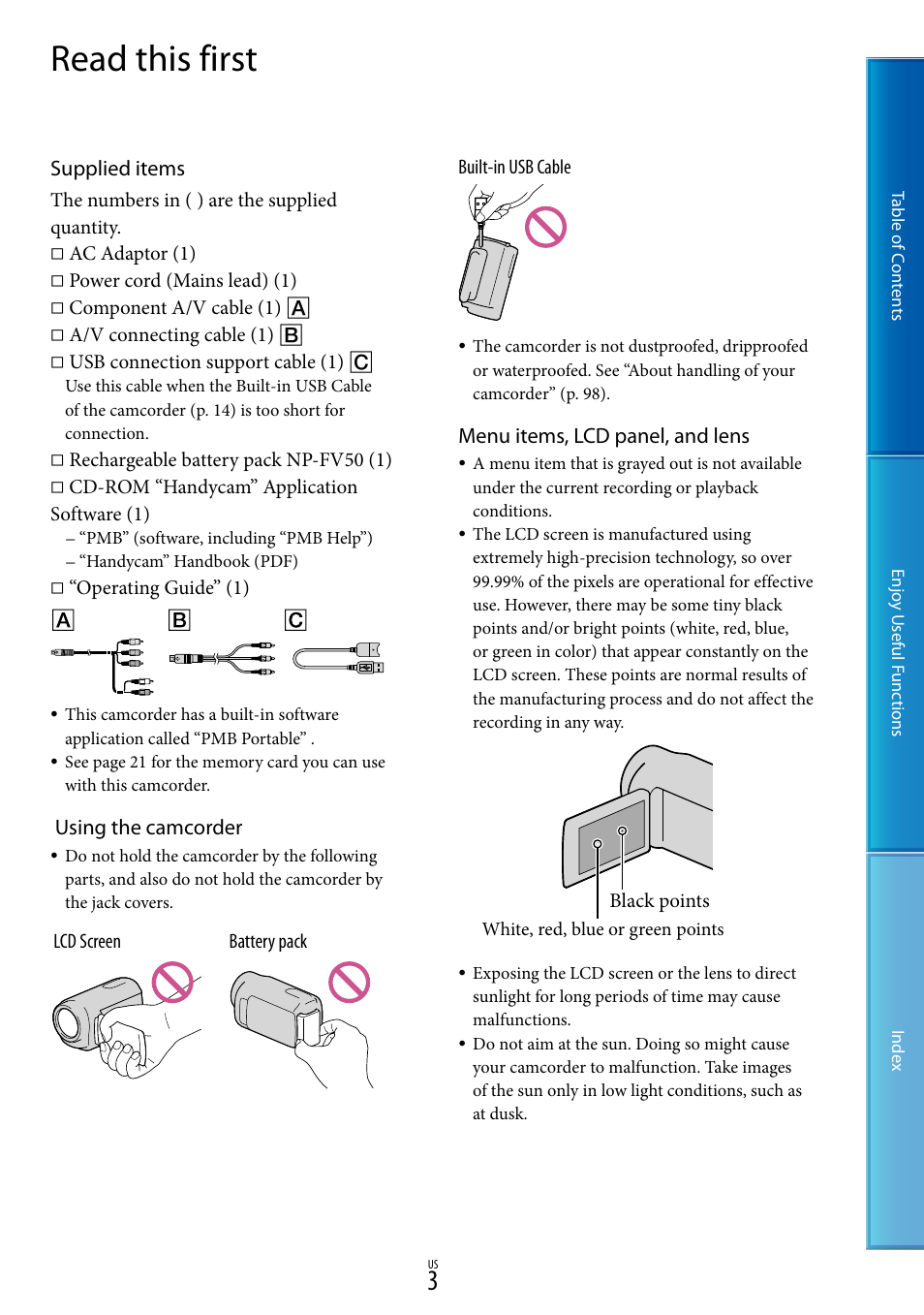 Read this first, Supplied items, Using the camcorder | Menu items, lcd panel, and lens | Sony HDR-CX130 User Manual | Page 3 / 108