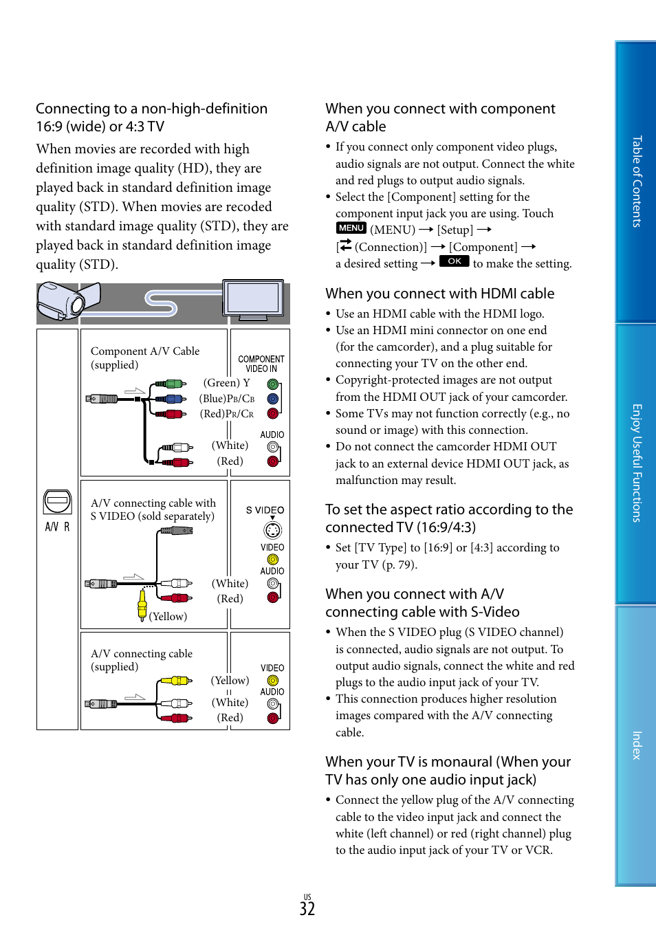 When you connect with component a/v cable, When you connect with hdmi cable | Sony HDR-CX130 User Manual | Page 32 / 108