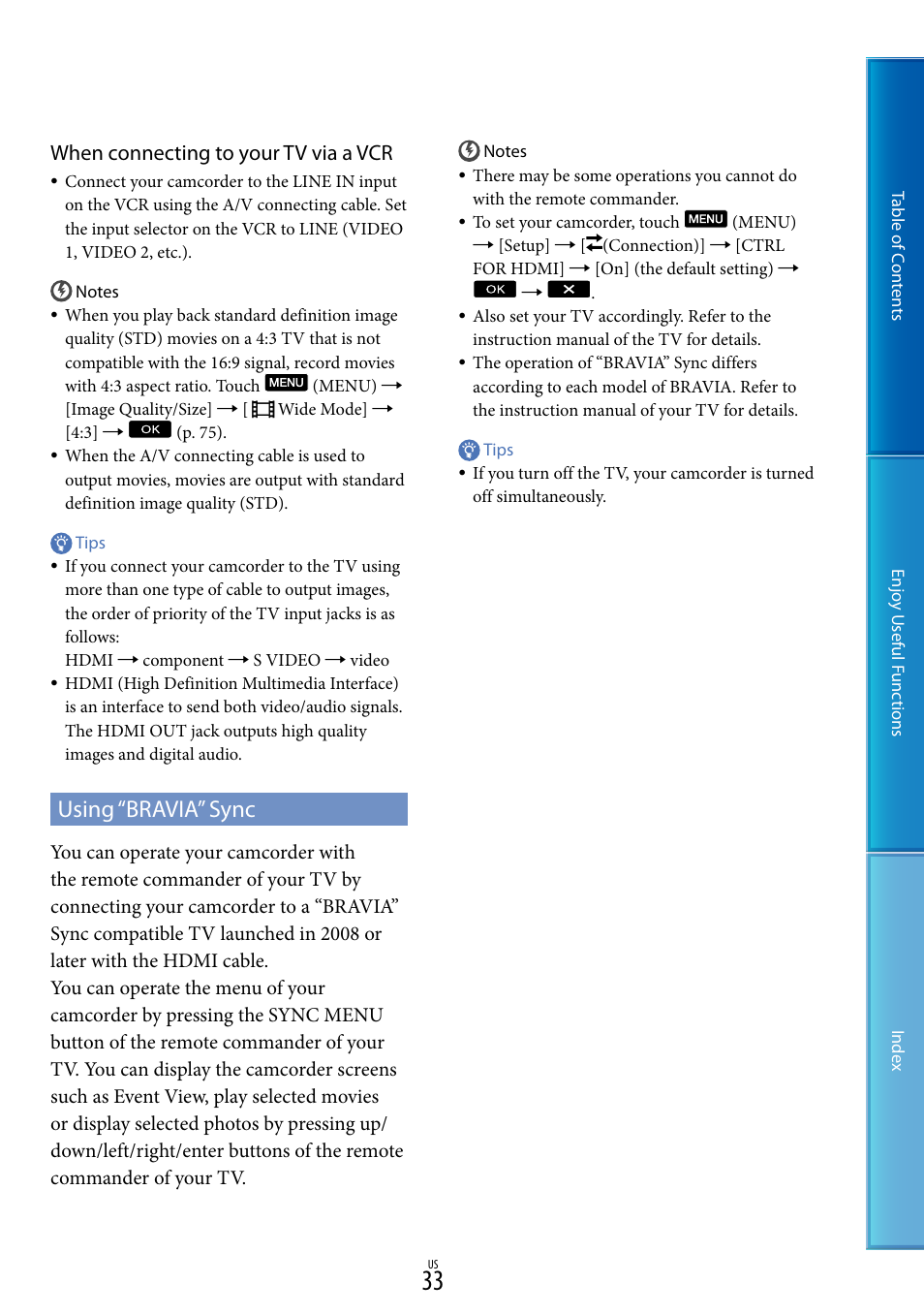 Using “bravia” sync, When connecting to your tv via a vcr | Sony HDR-CX130 User Manual | Page 33 / 108