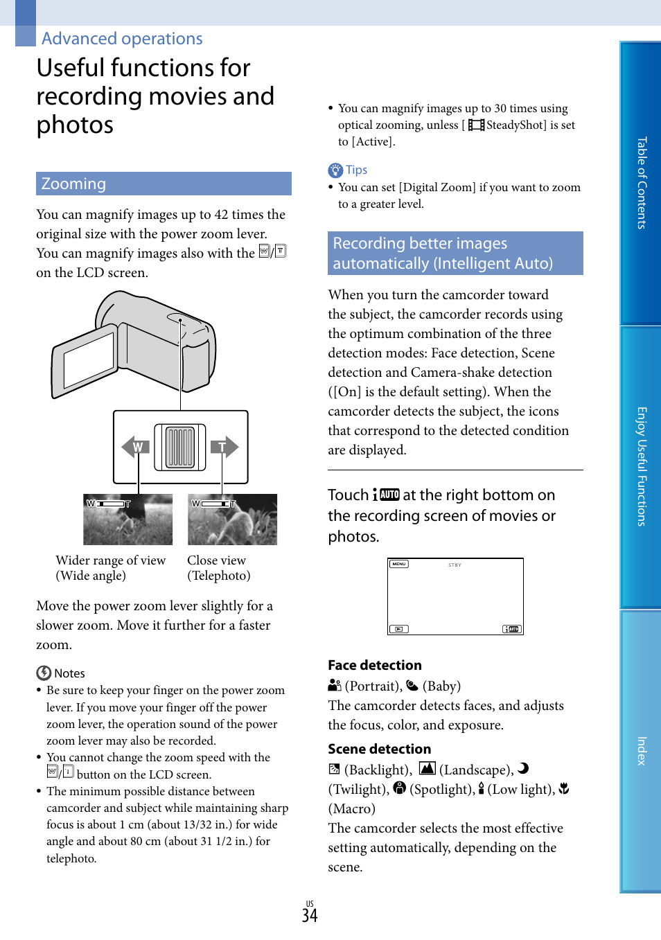 Advanced operations, Useful functions for recording movies and photos, Zooming | O (34) | Sony HDR-CX130 User Manual | Page 34 / 108