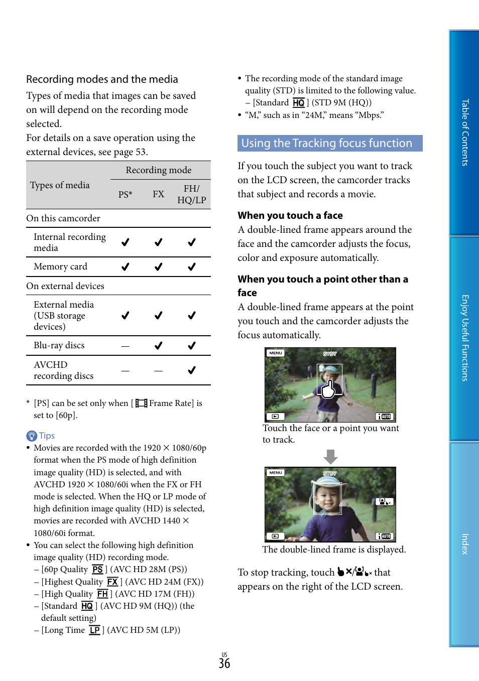 Using the tracking focus function, T (36), Recording modes and the media | Sony HDR-CX130 User Manual | Page 36 / 108