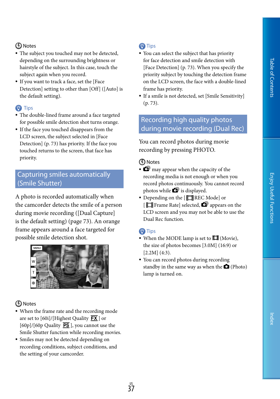 Capturing smiles automatically (smile shutter), C (37), Er (37) | Sony HDR-CX130 User Manual | Page 37 / 108