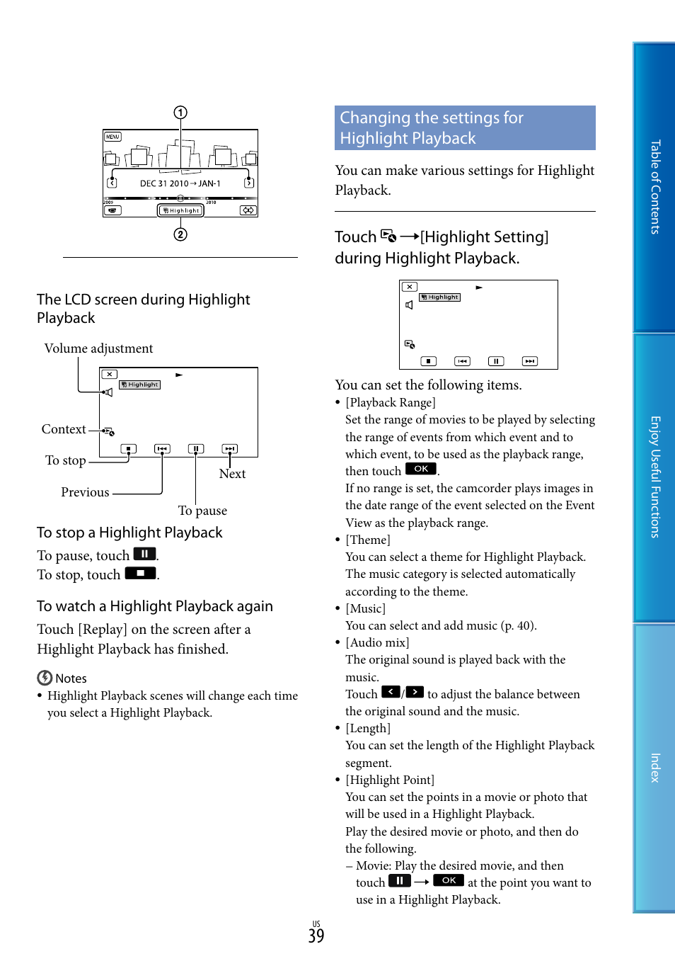 Changing the settings for highlight playback | Sony HDR-CX130 User Manual | Page 39 / 108