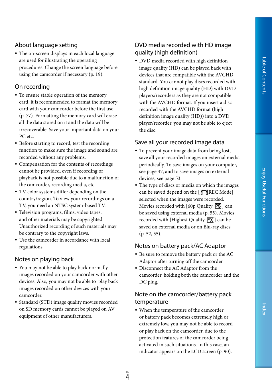 About language setting, On recording, Save all your recorded image data | Sony HDR-CX130 User Manual | Page 4 / 108