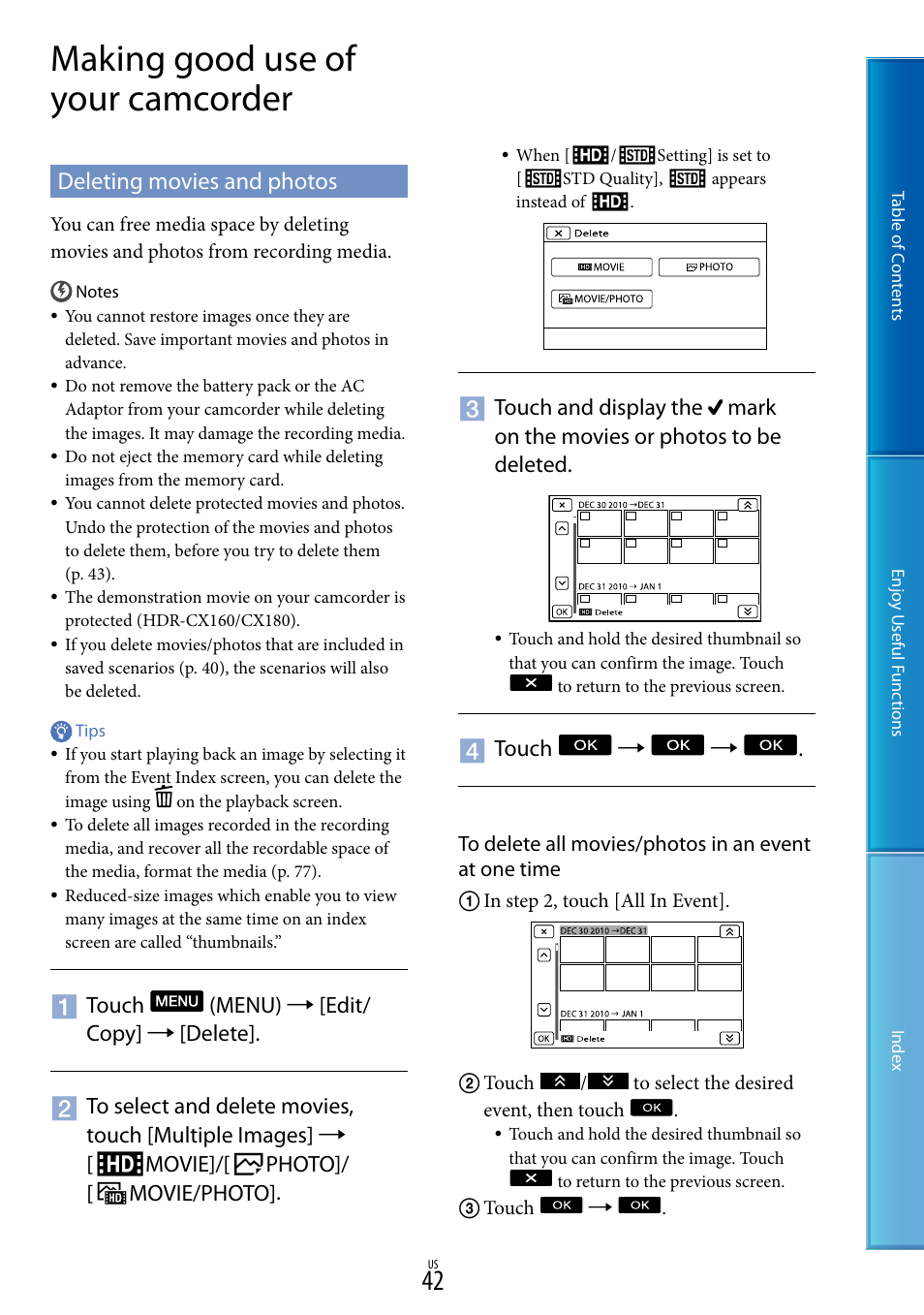 Making good use of your camcorder, Deleting movies and photos, G (42)) | Touch | Sony HDR-CX130 User Manual | Page 42 / 108