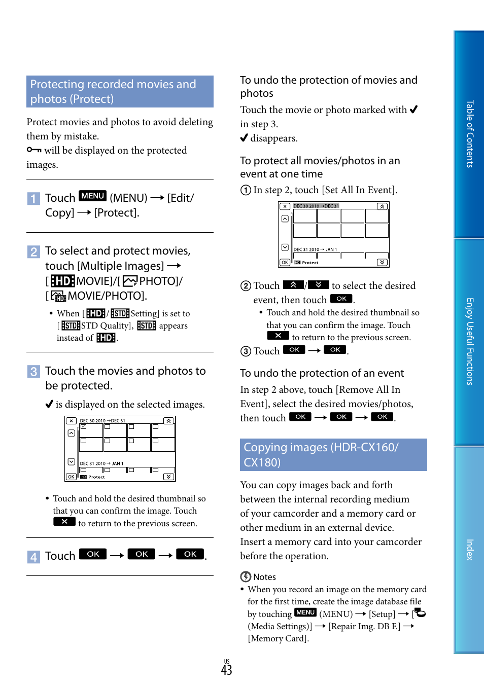 Protecting recorded movies and photos (protect), Copying images (hdr-cx160/cx180) | Sony HDR-CX130 User Manual | Page 43 / 108