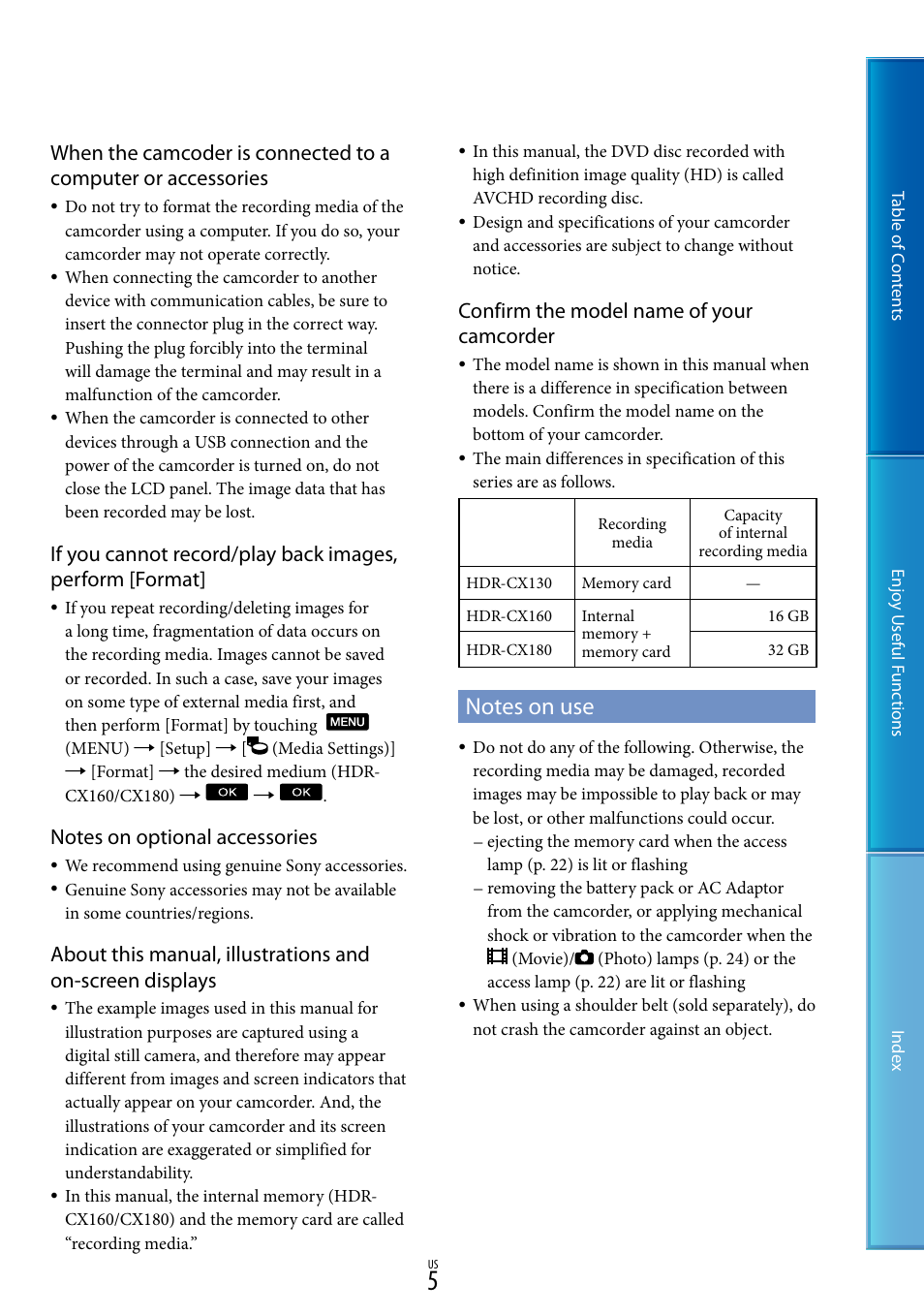 Notes on use, Confirm the model name of your camcorder | Sony HDR-CX130 User Manual | Page 5 / 108