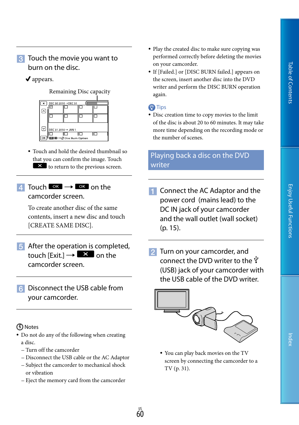 Playing back a disc on the dvd writer, Touch the movie you want to burn on the disc, Touch  on the camcorder screen | Sony HDR-CX130 User Manual | Page 60 / 108