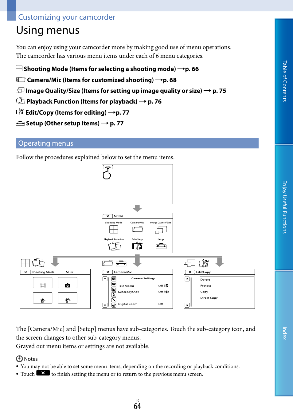 Customizing your camcorder, Using menus, Operating menus | Sony HDR-CX130 User Manual | Page 64 / 108