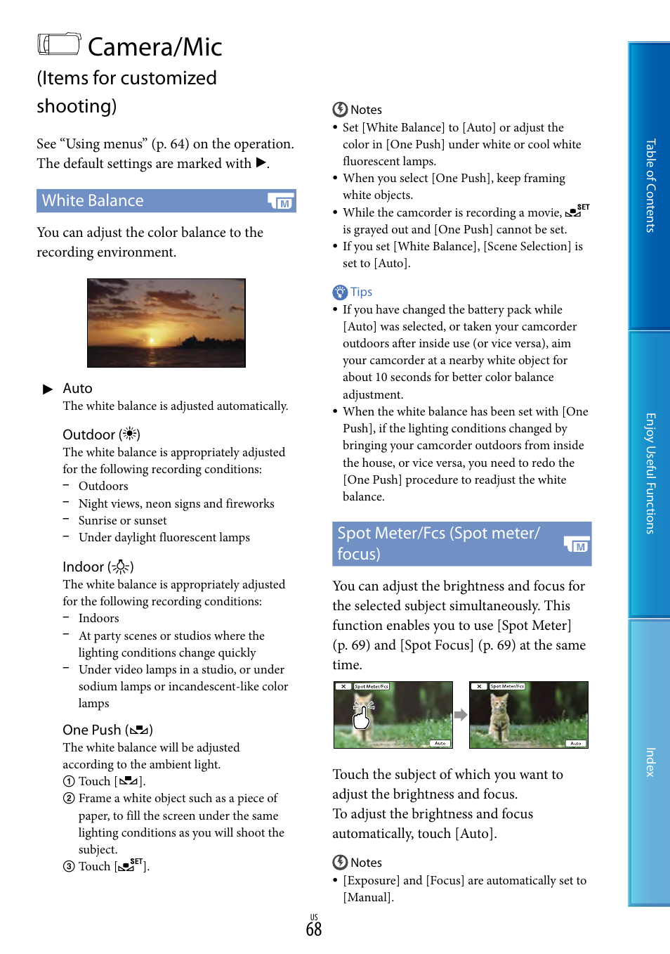 Camera/mic (items for customized shooting), Camera/mic, Items for customized shooting) | White balance, Spot meter/fcs (spot meter/ focus) | Sony HDR-CX130 User Manual | Page 68 / 108