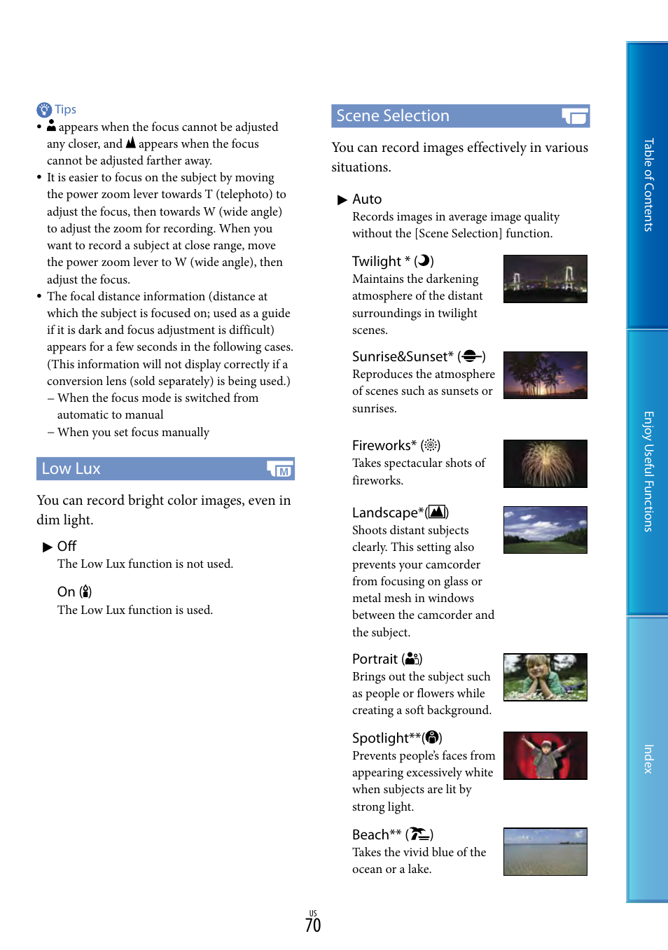 Ux (70), Ks (70), Et (70) | Low lux, Scene selection | Sony HDR-CX130 User Manual | Page 70 / 108