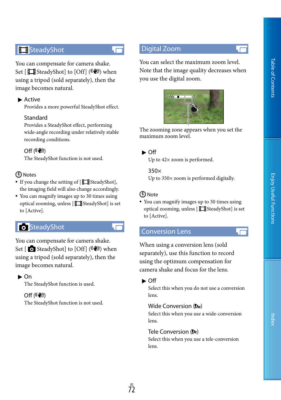 Steadyshot, Digital zoom, Conversion lens | Sony HDR-CX130 User Manual | Page 72 / 108