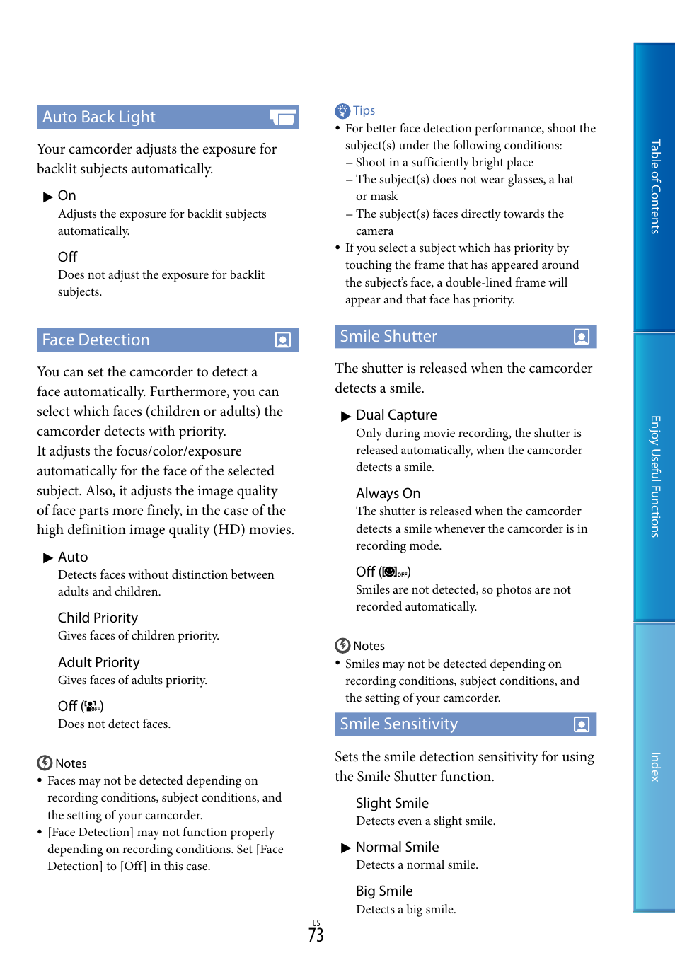 73). w, 73) h, E 73). a | Auto back light, Face detection, Smile shutter, Smile sensitivity | Sony HDR-CX130 User Manual | Page 73 / 108