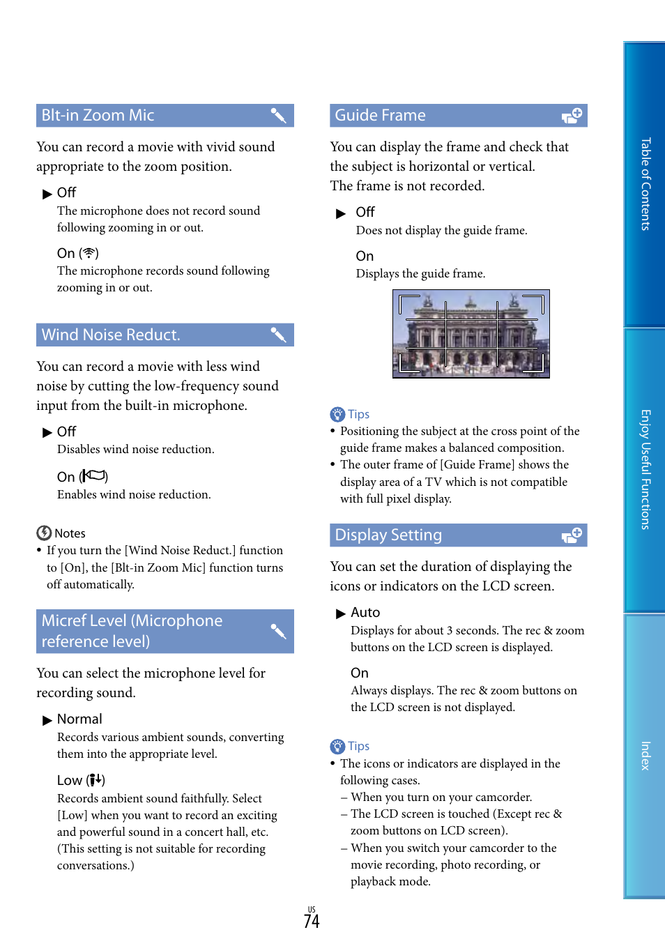 74), a, Blt-in zoom mic, Wind noise reduct | Micref level (microphone reference level), Guide frame, Display setting | Sony HDR-CX130 User Manual | Page 74 / 108