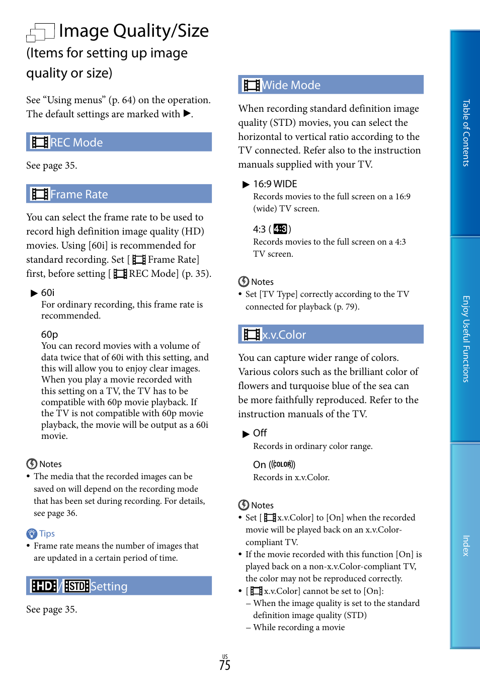 Image quality/size, Items for setting up image quality or size), Rec mode | Frame rate, Setting, Wide mode, X.v.color | Sony HDR-CX130 User Manual | Page 75 / 108