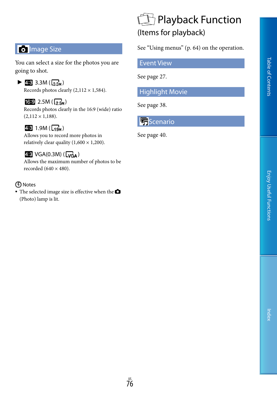 Playback function (items for playback), Playback function, Items for playback) | Image size, Event view, Highlight movie, Scenario | Sony HDR-CX130 User Manual | Page 76 / 108