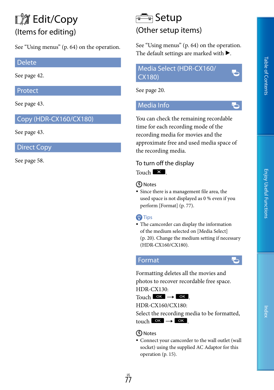 Edit/copy (items for editing), Setup (other setup items), 77). f | Edit/copy, Items for editing), Setup, Other setup items), Delete, Protect, Direct copy | Sony HDR-CX130 User Manual | Page 77 / 108