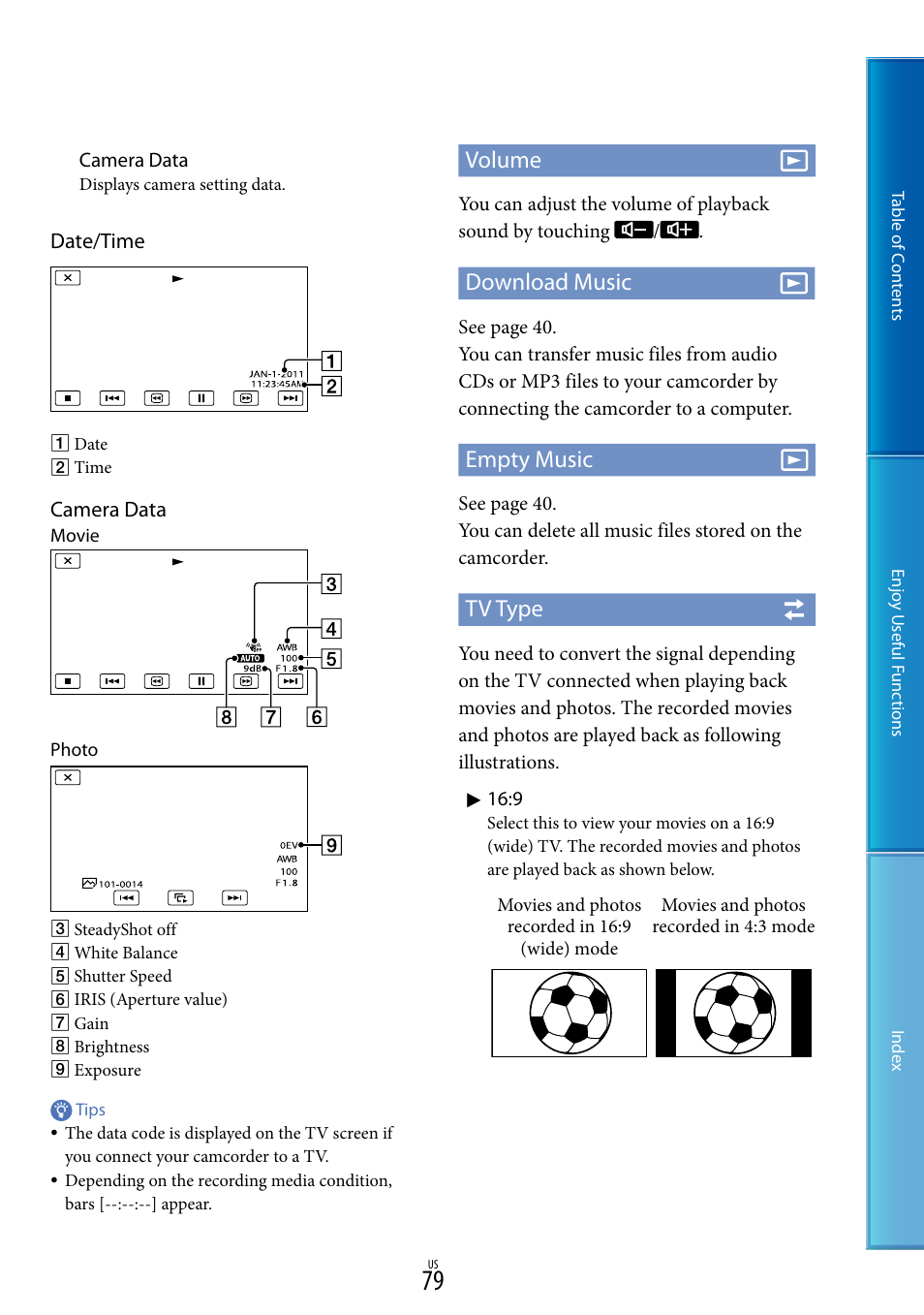 Volume, Download music, Empty music | Tv type | Sony HDR-CX130 User Manual | Page 79 / 108