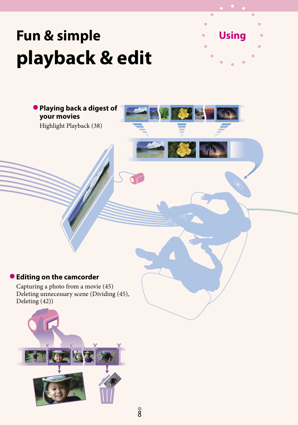 Playback & edit, Fun & simple, Using | Sony HDR-CX130 User Manual | Page 8 / 108