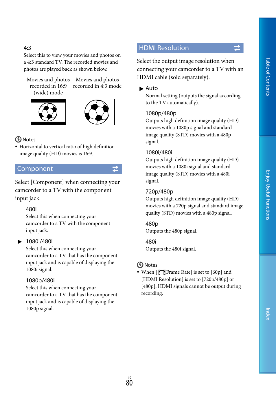 Component, Hdmi resolution | Sony HDR-CX130 User Manual | Page 80 / 108