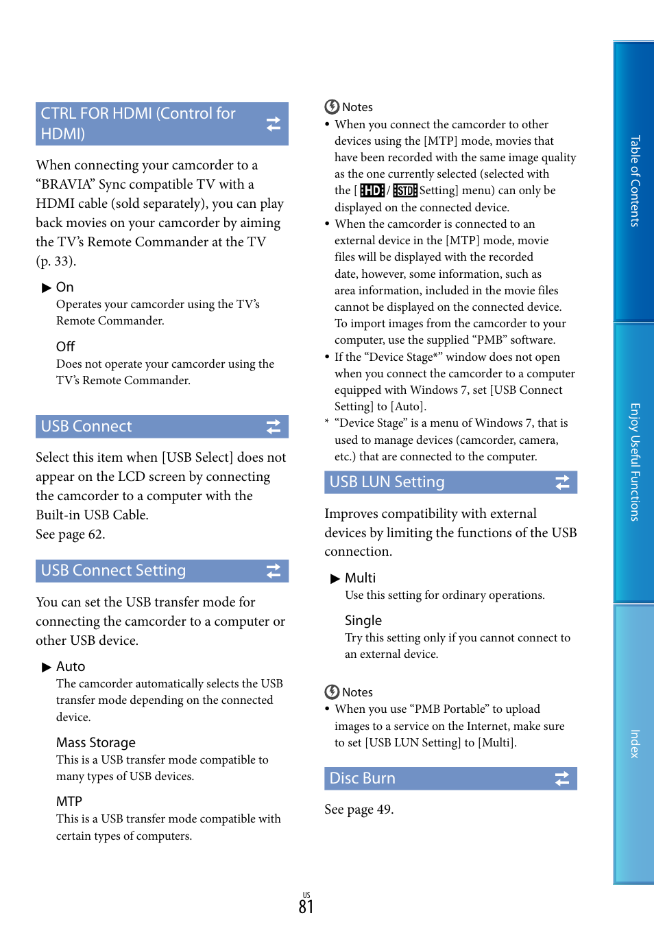 Ctrl for hdmi (control for hdmi), Usb connect, Usb connect setting | Usb lun setting, Disc burn | Sony HDR-CX130 User Manual | Page 81 / 108