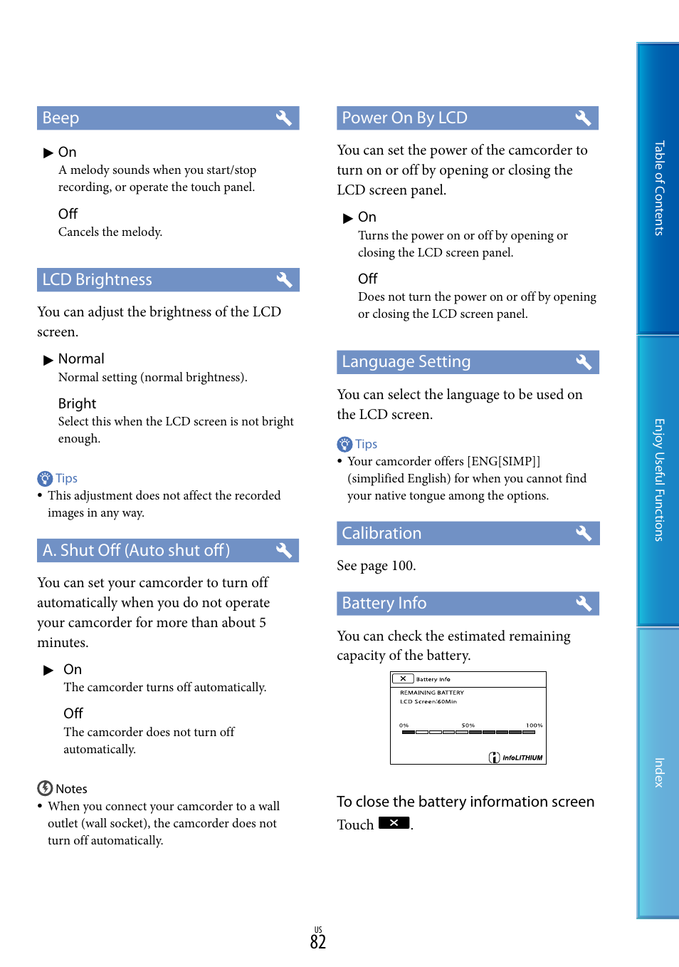 Beep, Lcd brightness, A. shut off (auto shut off) | Power on by lcd, Language setting, Calibration, Battery info | Sony HDR-CX130 User Manual | Page 82 / 108