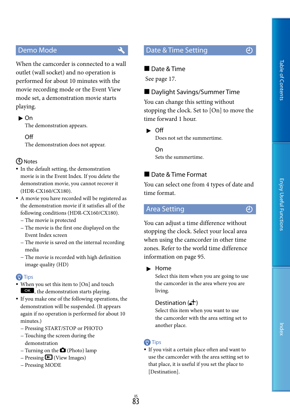 Demo mode, Date & time setting, Area setting | Date & time, Daylight savings/summer time, Date & time format | Sony HDR-CX130 User Manual | Page 83 / 108