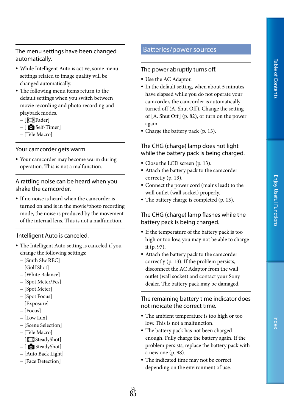 Batteries/power sources | Sony HDR-CX130 User Manual | Page 85 / 108