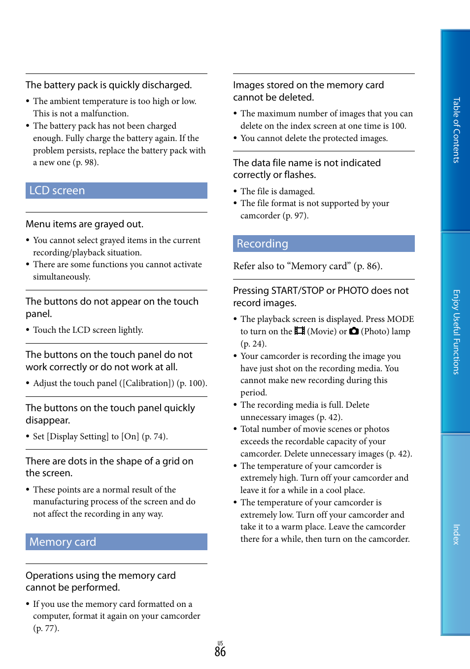 Lcd screen, Memory card, Recording | Sony HDR-CX130 User Manual | Page 86 / 108