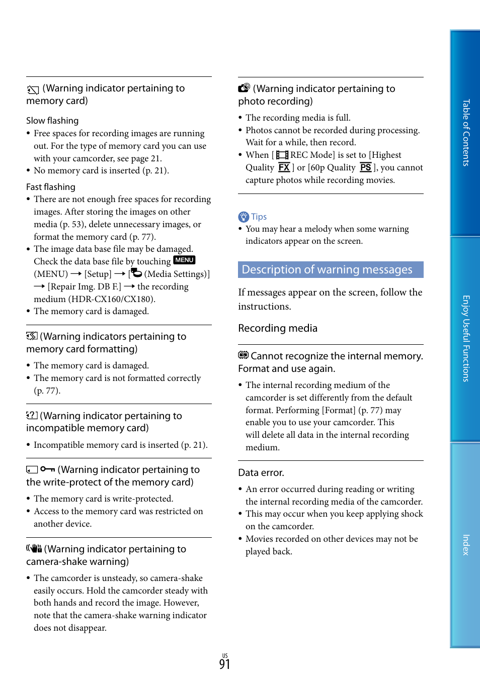 Description of warning messages, Recording media | Sony HDR-CX130 User Manual | Page 91 / 108