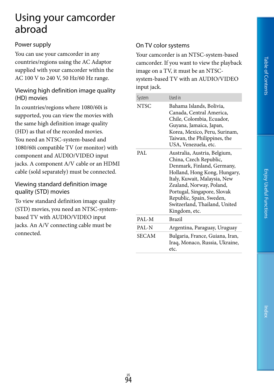Using your camcorder abroad | Sony HDR-CX130 User Manual | Page 94 / 108