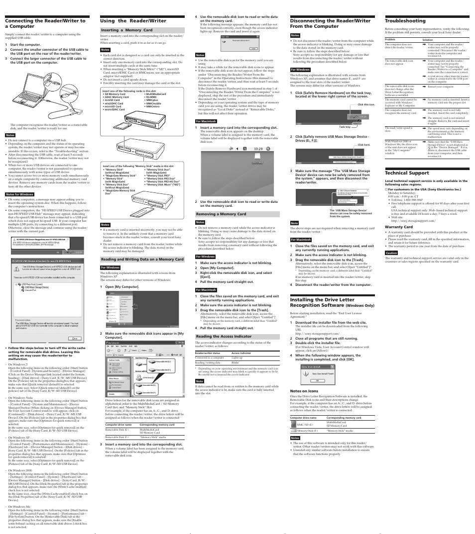 Connecting the reader/writer to a computer, Using the reader/writer, Disconnecting the reader/writer from the computer | Installing the drive letter recognition software, Troubleshooting, Technical support | Sony MRW62-ET1 User Manual | Page 2 / 2