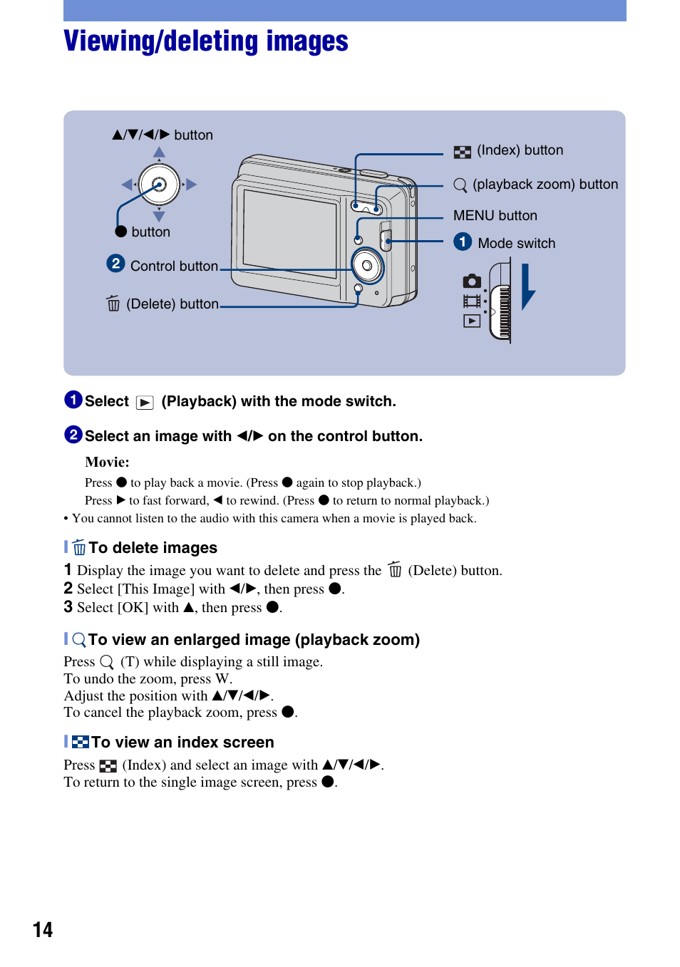 Viewing/deleting images | Sony DSC-S930 User Manual | Page 14 / 32